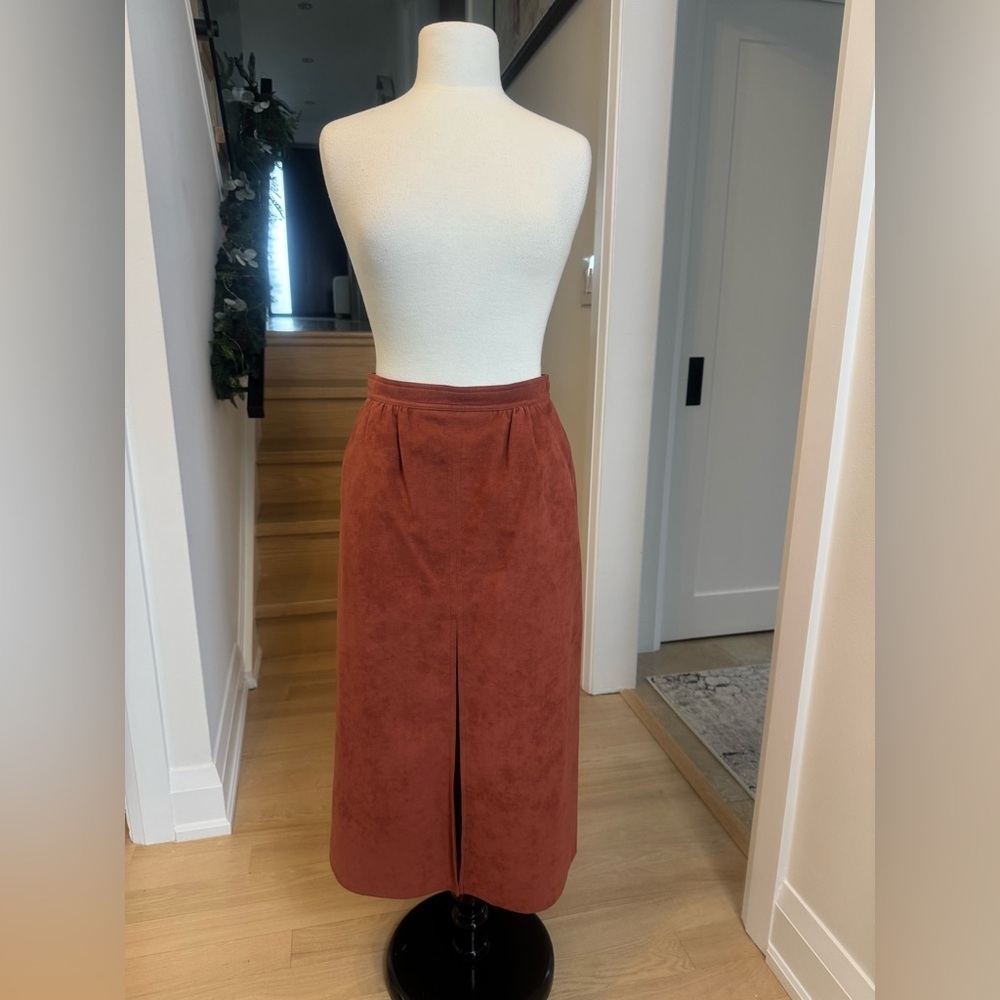 Vintage 70s Olympic Faux Suede Midi Skirt – Rust Brown – Size 12